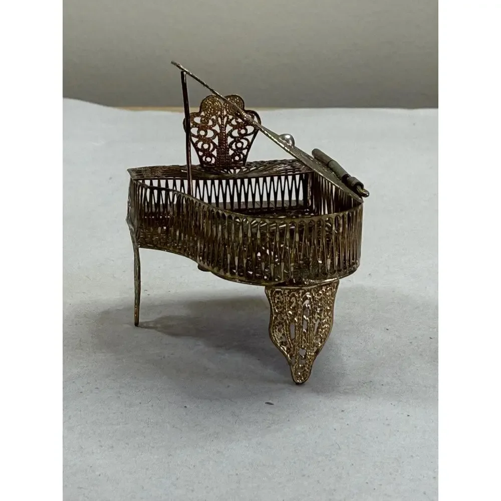 Vintage Silver Filigree Miniature Grand Piano, Wirework Trinket Box, Collectible